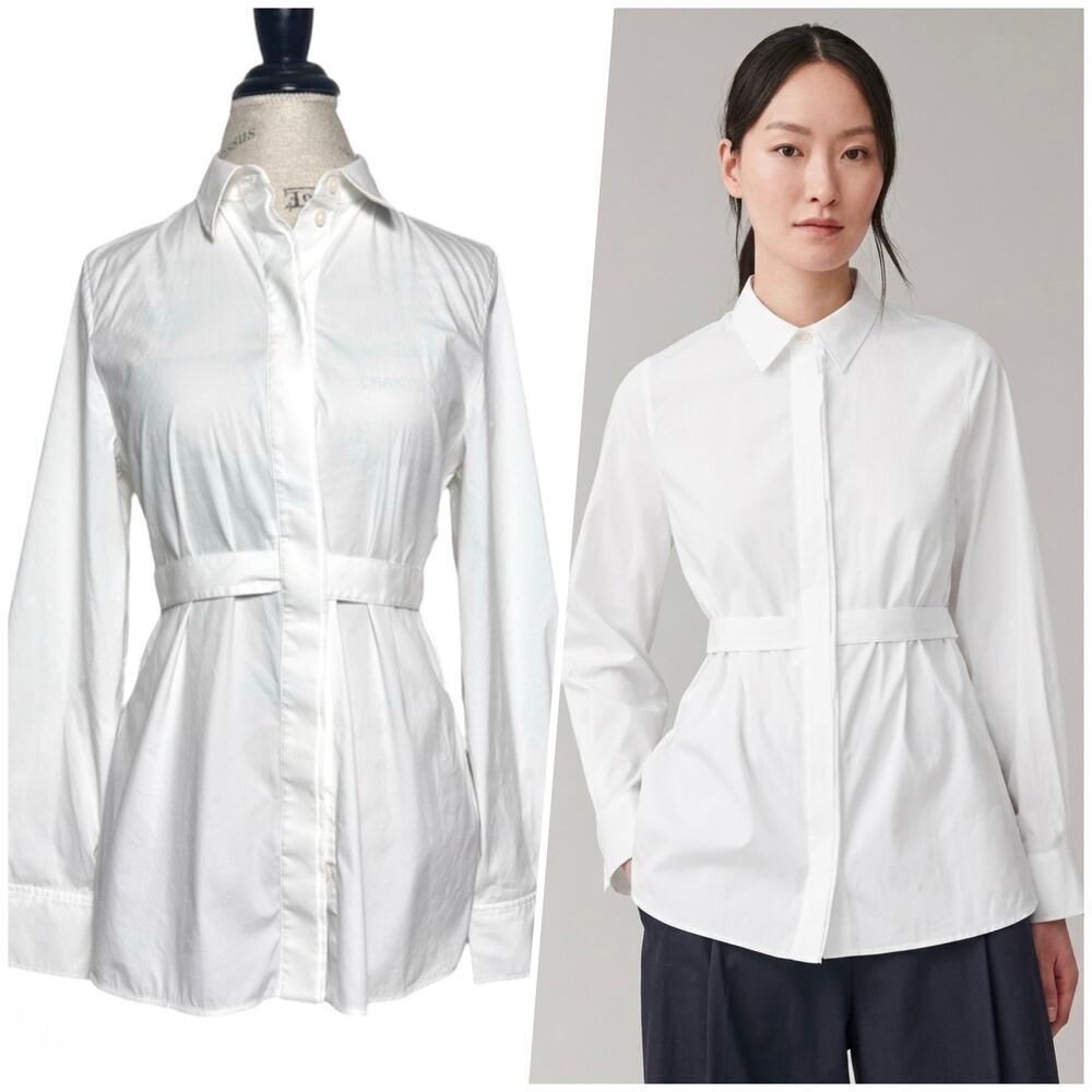 COS | Women | White Poplin Chic Minimal Belted Scalloped Button Up Shirt | Sz 8